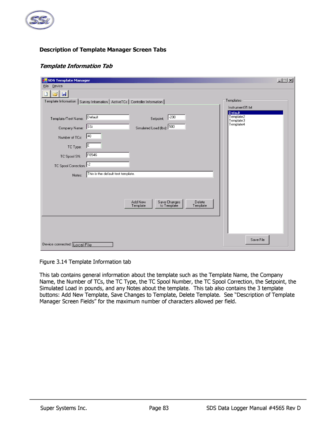 SSI America 8020, 8040 manual Description of Template Manager Screen Tabs, Template Information Tab 