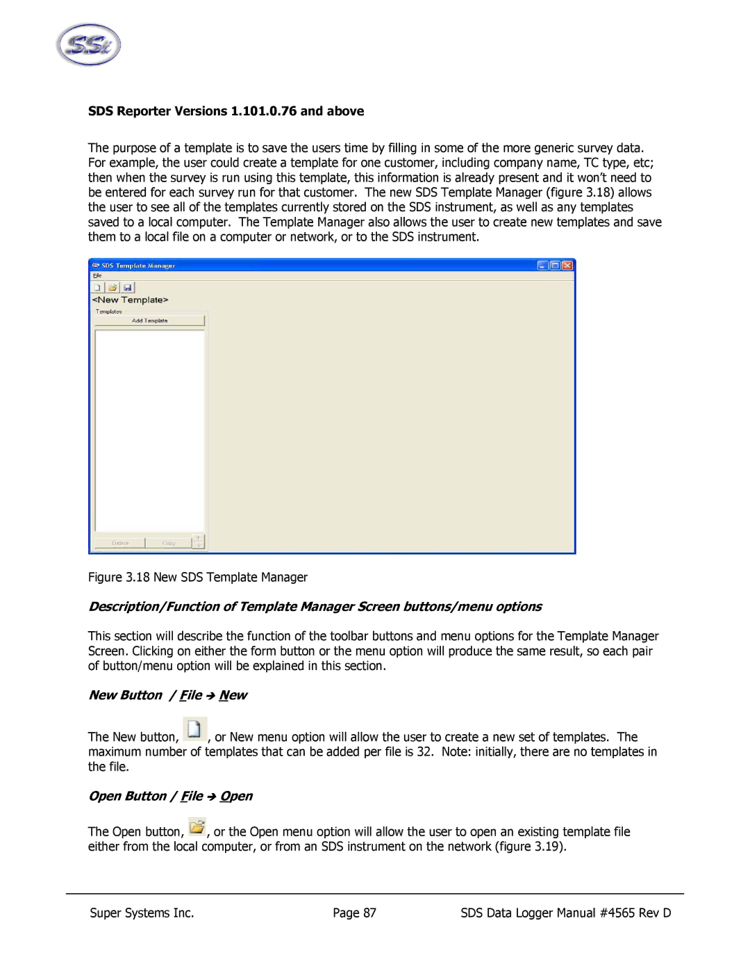 SSI America 8020, 8040 manual SDS Reporter Versions 1.101.0.76 and above, New SDS Template Manager 