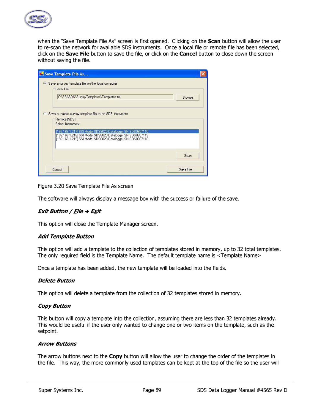 SSI America 8020, 8040 manual Add Template Button, Delete Button, Copy Button, Arrow Buttons 