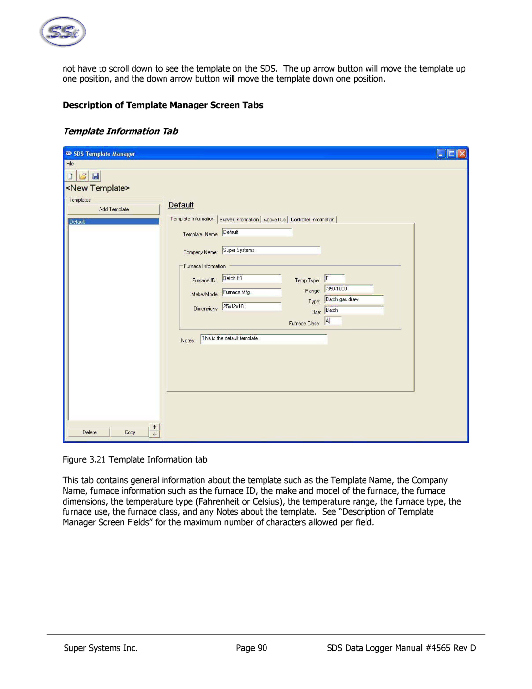 SSI America 8040, 8020 manual Template Information Tab 