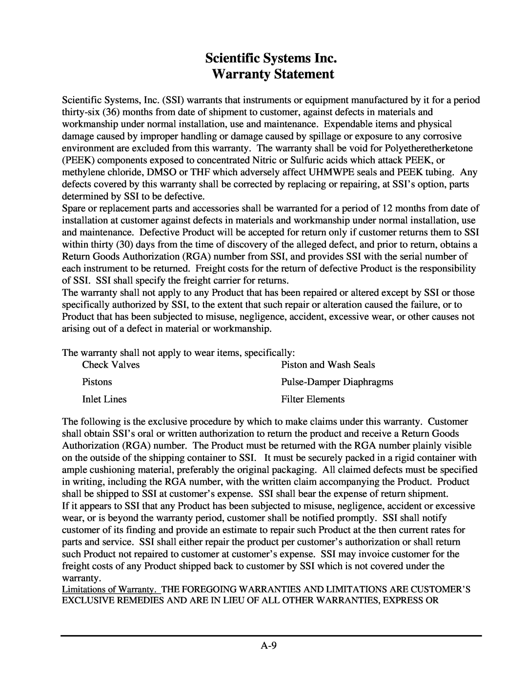 SSI America 90-2581 REV B manual Scientific Systems Inc Warranty Statement 