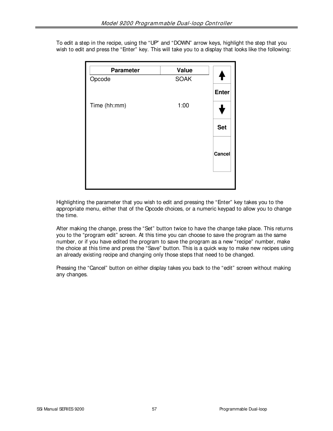 SSI America 9200 user manual Parameter Value 