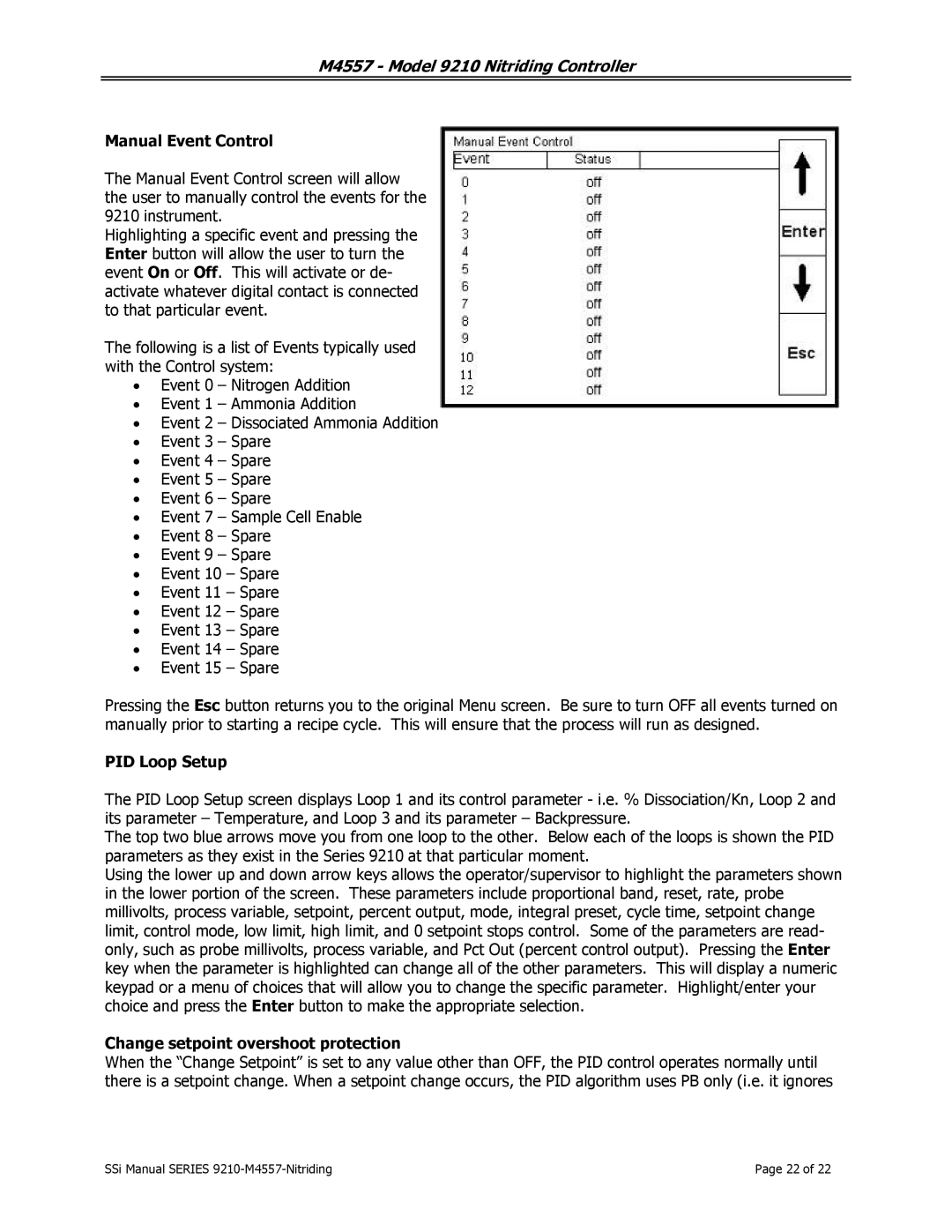 SSI America 9210 user manual Manual Event Control, PID Loop Setup, Change setpoint overshoot protection 