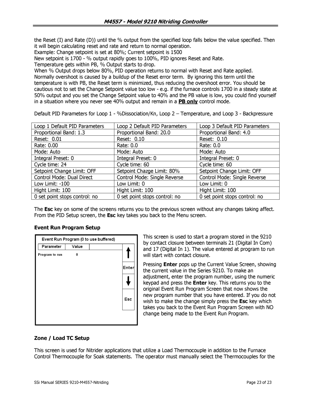 SSI America 9210 user manual Event Run Program Setup, Zone / Load TC Setup 