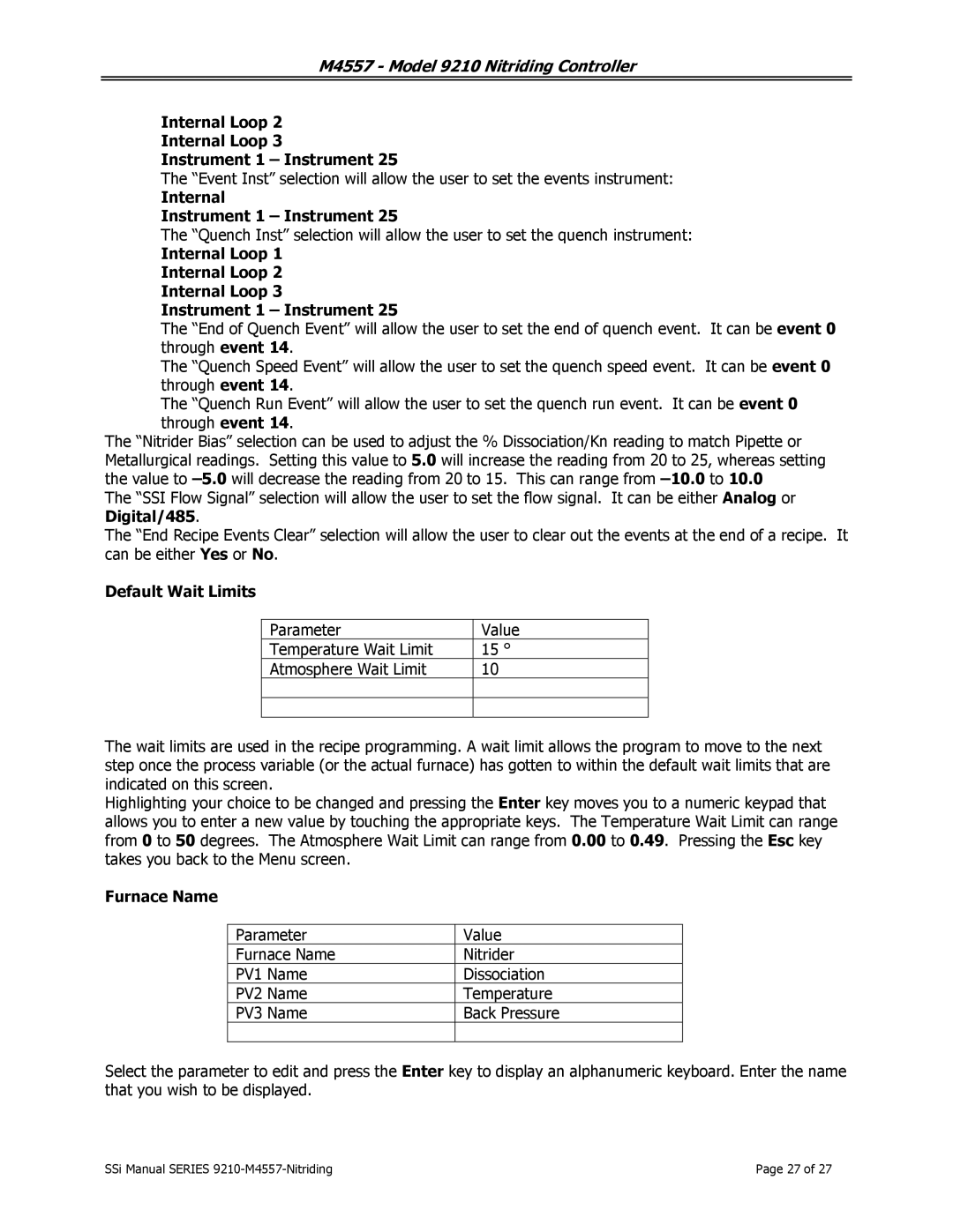 SSI America 9210 user manual Internal Instrument 1 Instrument, Default Wait Limits, Furnace Name 