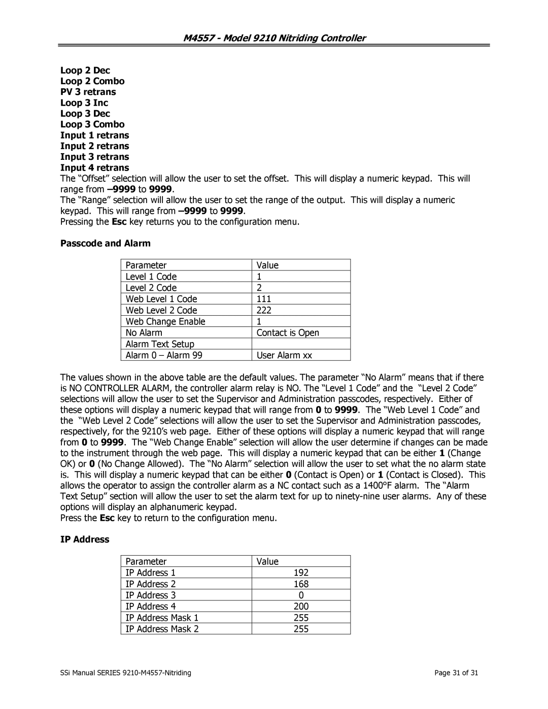 SSI America 9210 user manual Passcode and Alarm, IP Address 