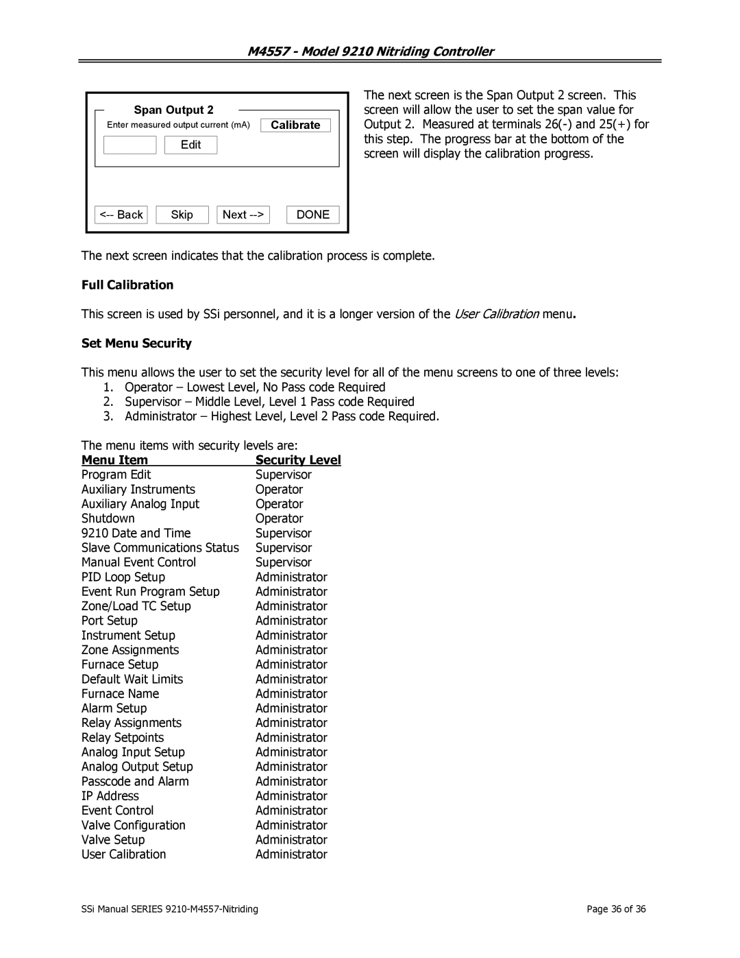 SSI America 9210 user manual Full Calibration, Menu Item Security Level 