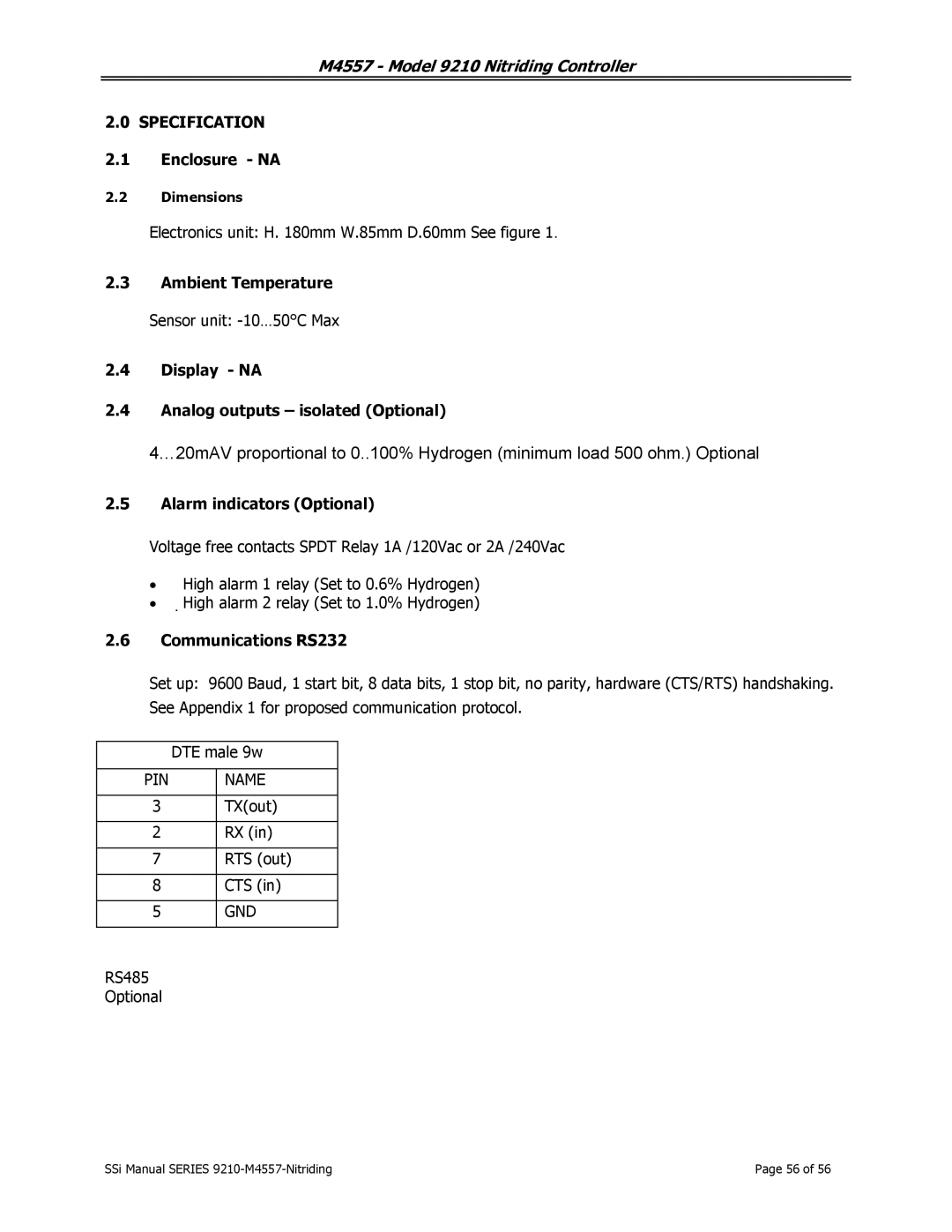 SSI America 9210 user manual Specification, Display NA Analog outputs isolated Optional 