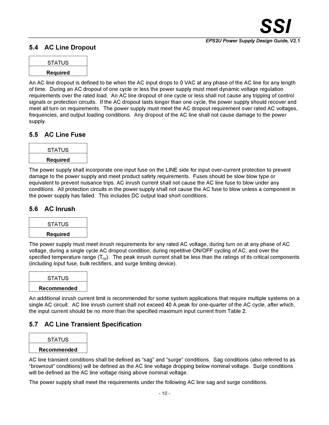 SSI America EPS2U manual AC Line Dropout, AC Line Fuse, AC Inrush, AC Line Transient Specification 