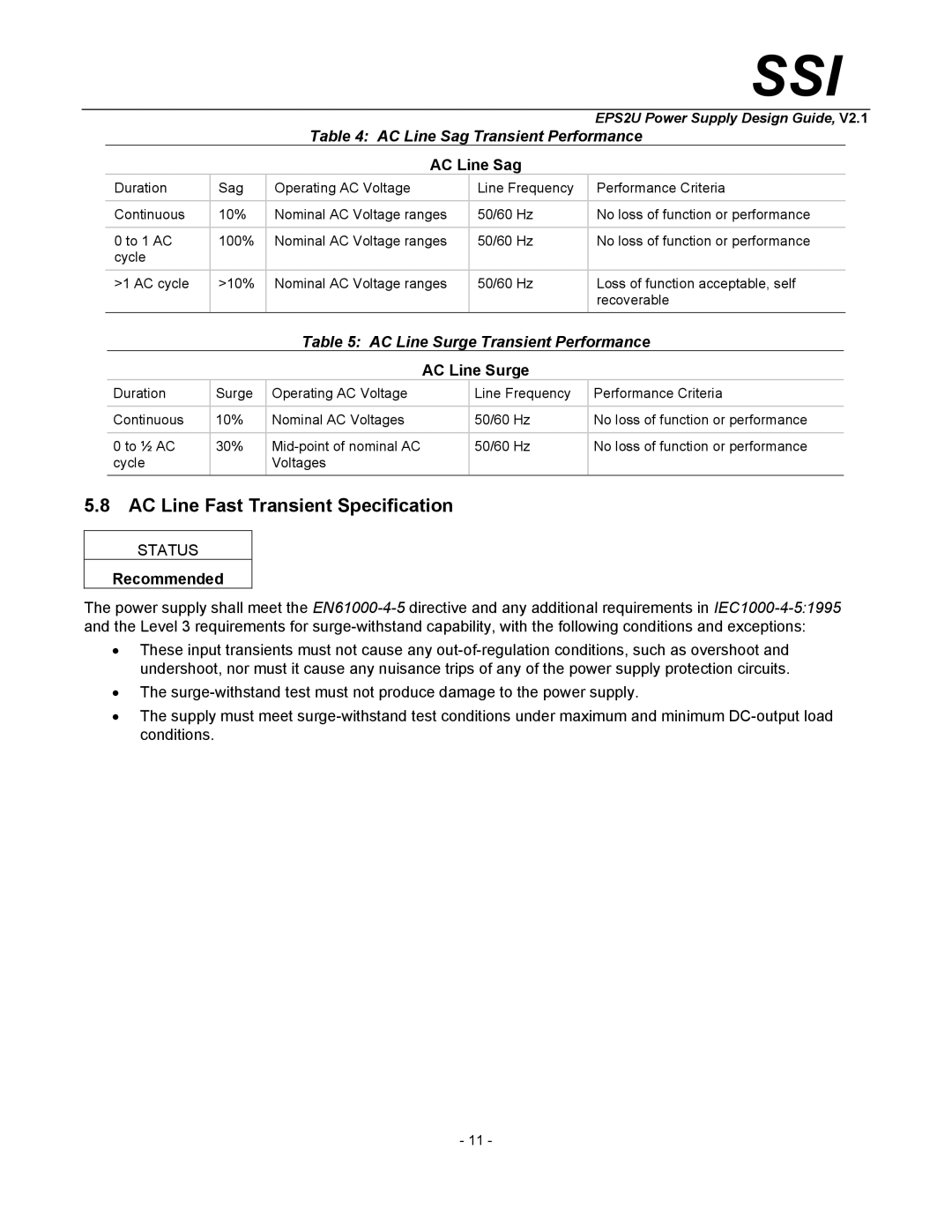 SSI America EPS2U manual AC Line Fast Transient Specification, AC Line Sag Transient Performance, AC Line Surge 