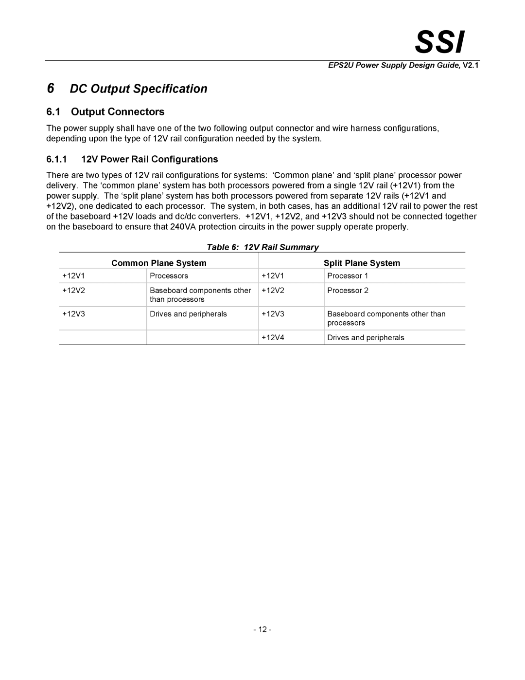 SSI America EPS2U manual DC Output Specification, Output Connectors, 1 12V Power Rail Configurations, 12V Rail Summary 