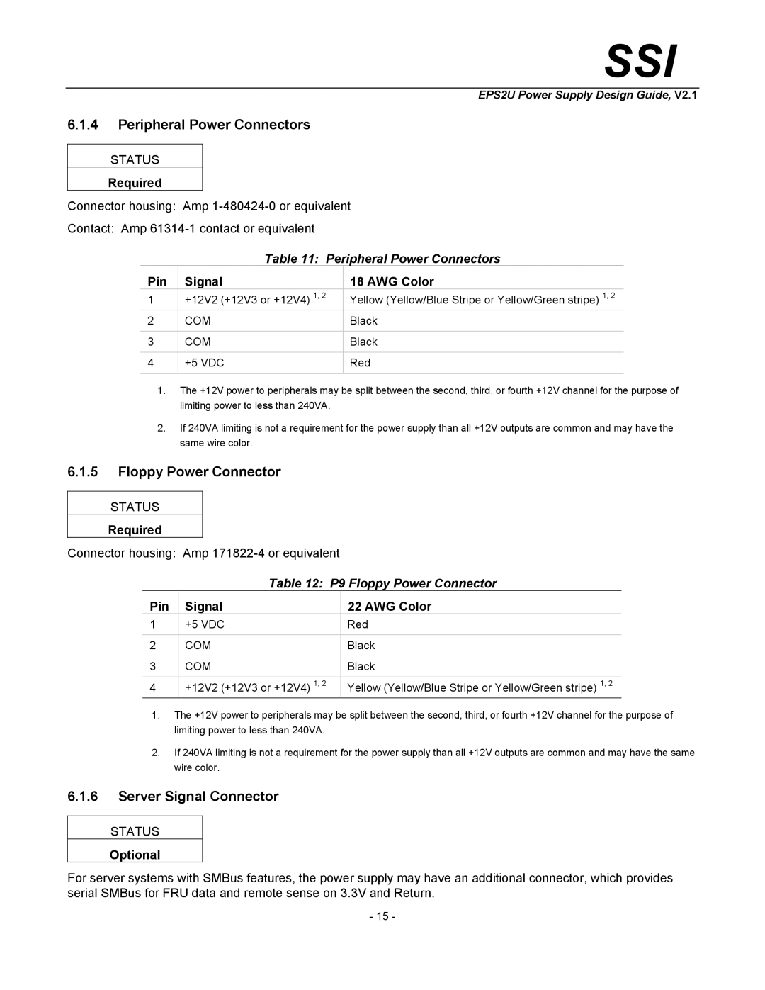 SSI America EPS2U manual Peripheral Power Connectors, Server Signal Connector, P9 Floppy Power Connector 