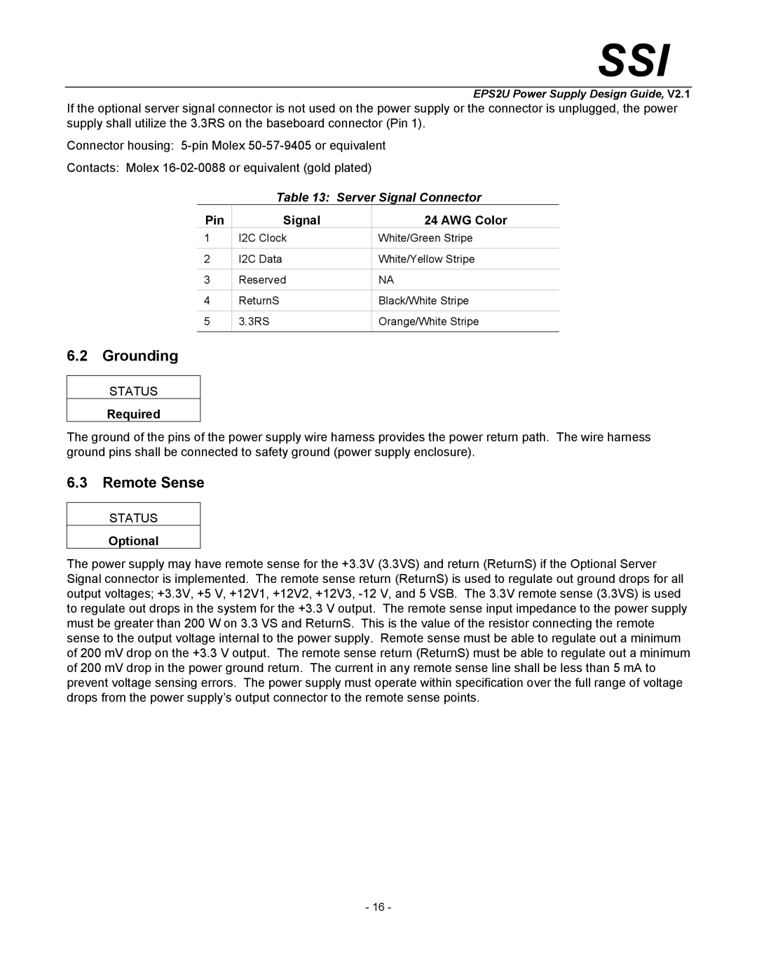 SSI America EPS2U manual Grounding, Remote Sense, Server Signal Connector 