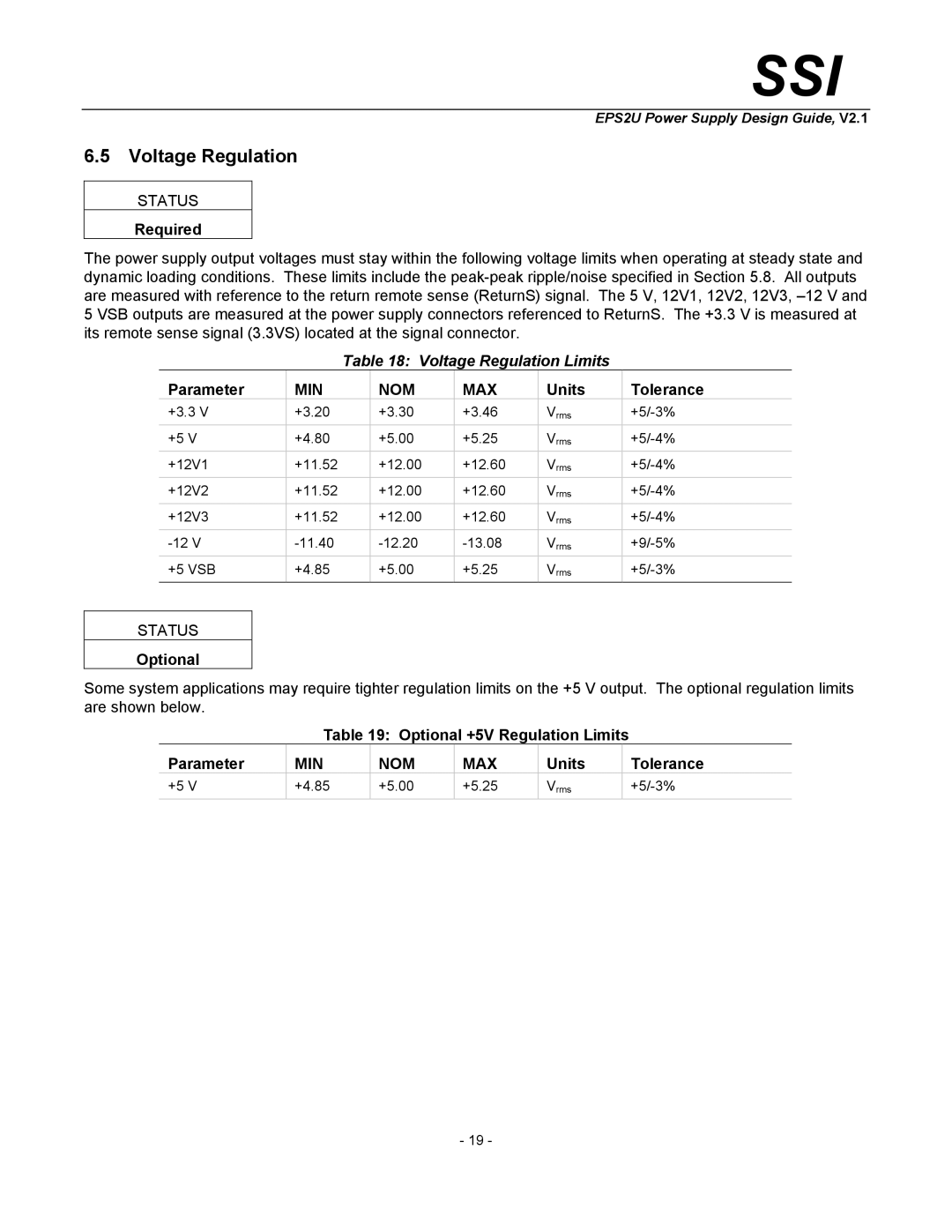 SSI America EPS2U manual Voltage Regulation Limits, Units Tolerance, Optional +5V Regulation Limits Parameter 