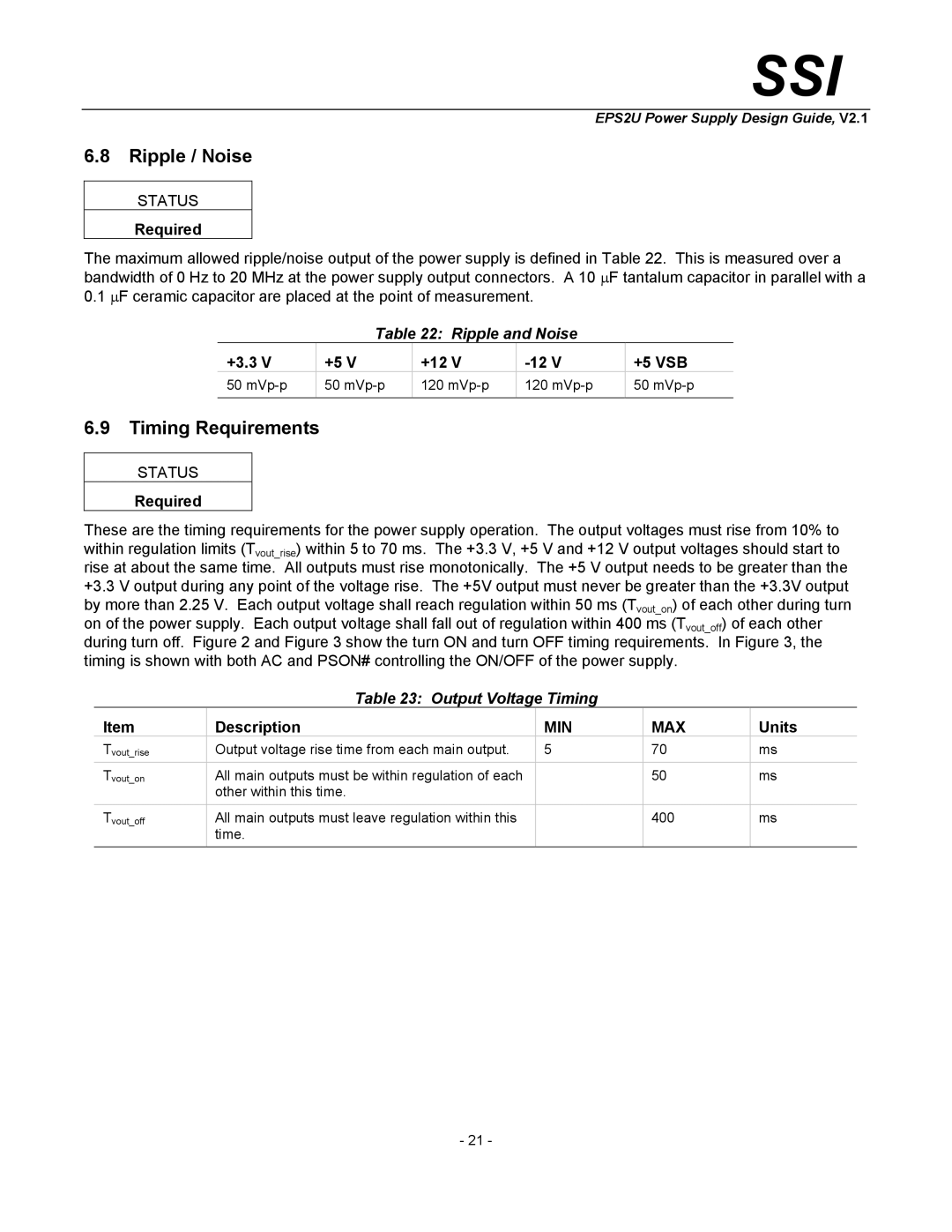 SSI America EPS2U manual Ripple / Noise, Timing Requirements, Ripple and Noise, Output Voltage Timing 