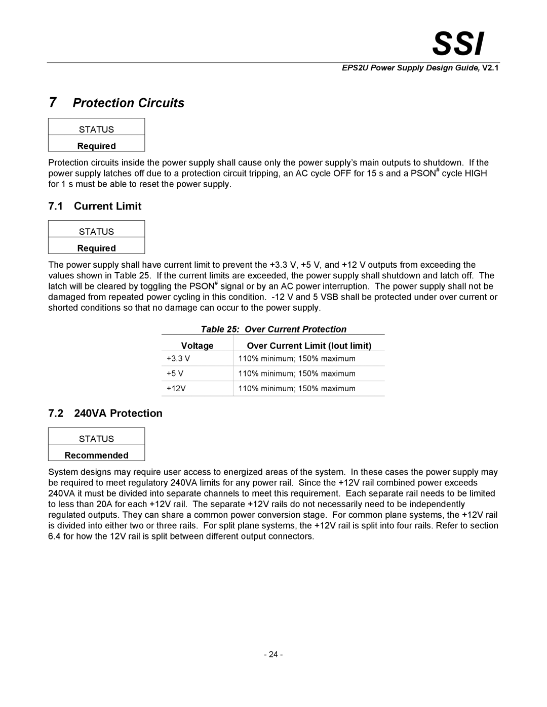 SSI America EPS2U manual Protection Circuits, Current Limit, 240VA Protection, Over Current Protection 