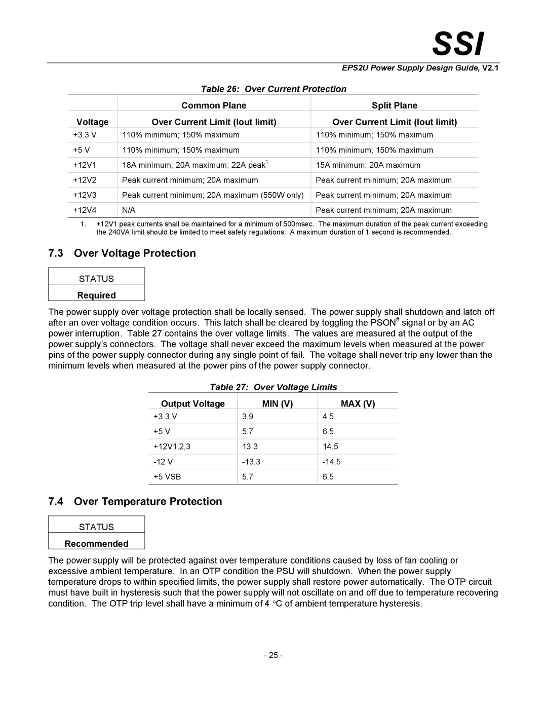 SSI America EPS2U manual Over Voltage Protection, Over Temperature Protection, Over Voltage Limits, Output Voltage 