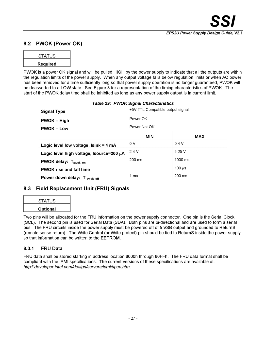 SSI America EPS2U manual Pwok Power OK, Field Replacement Unit FRU Signals, FRU Data, Pwok Signal Characteristics 