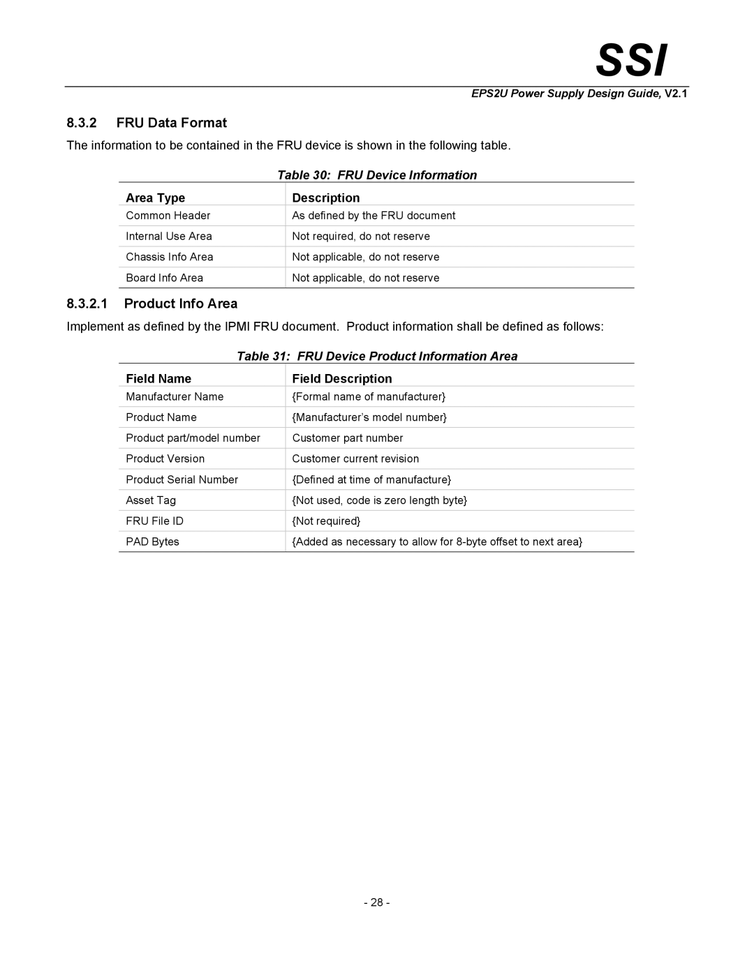 SSI America EPS2U manual FRU Data Format, Product Info Area, FRU Device Information, FRU Device Product Information Area 