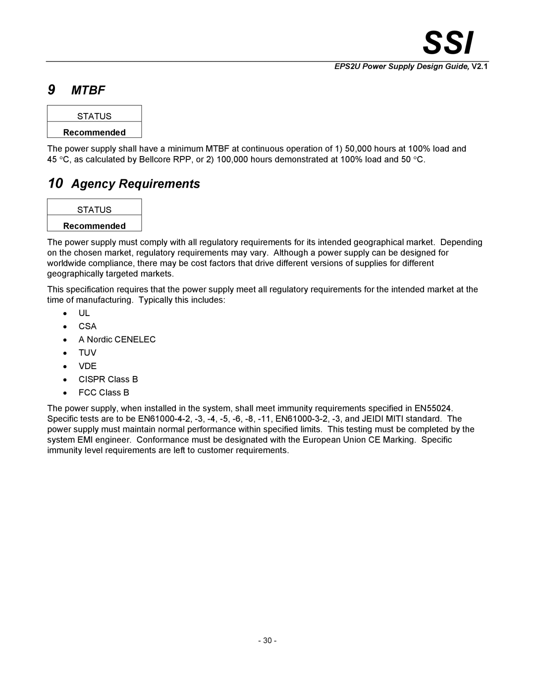 SSI America EPS2U manual Mtbf, Agency Requirements 