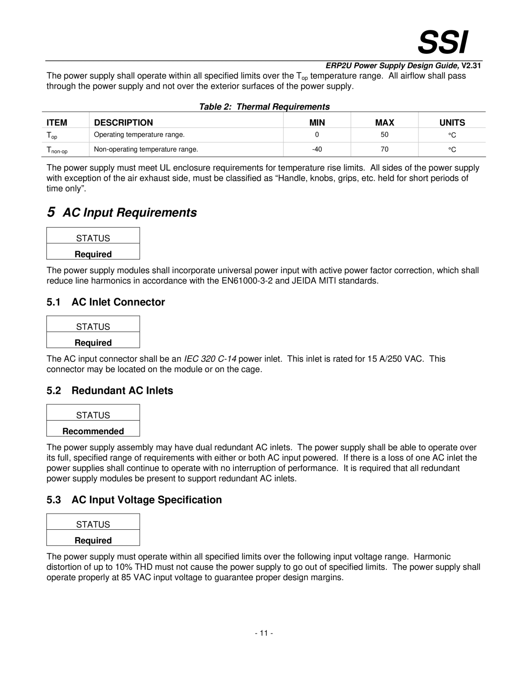 SSI America ERP2U manual AC Input Requirements, AC Inlet Connector, Redundant AC Inlets, AC Input Voltage Specification 