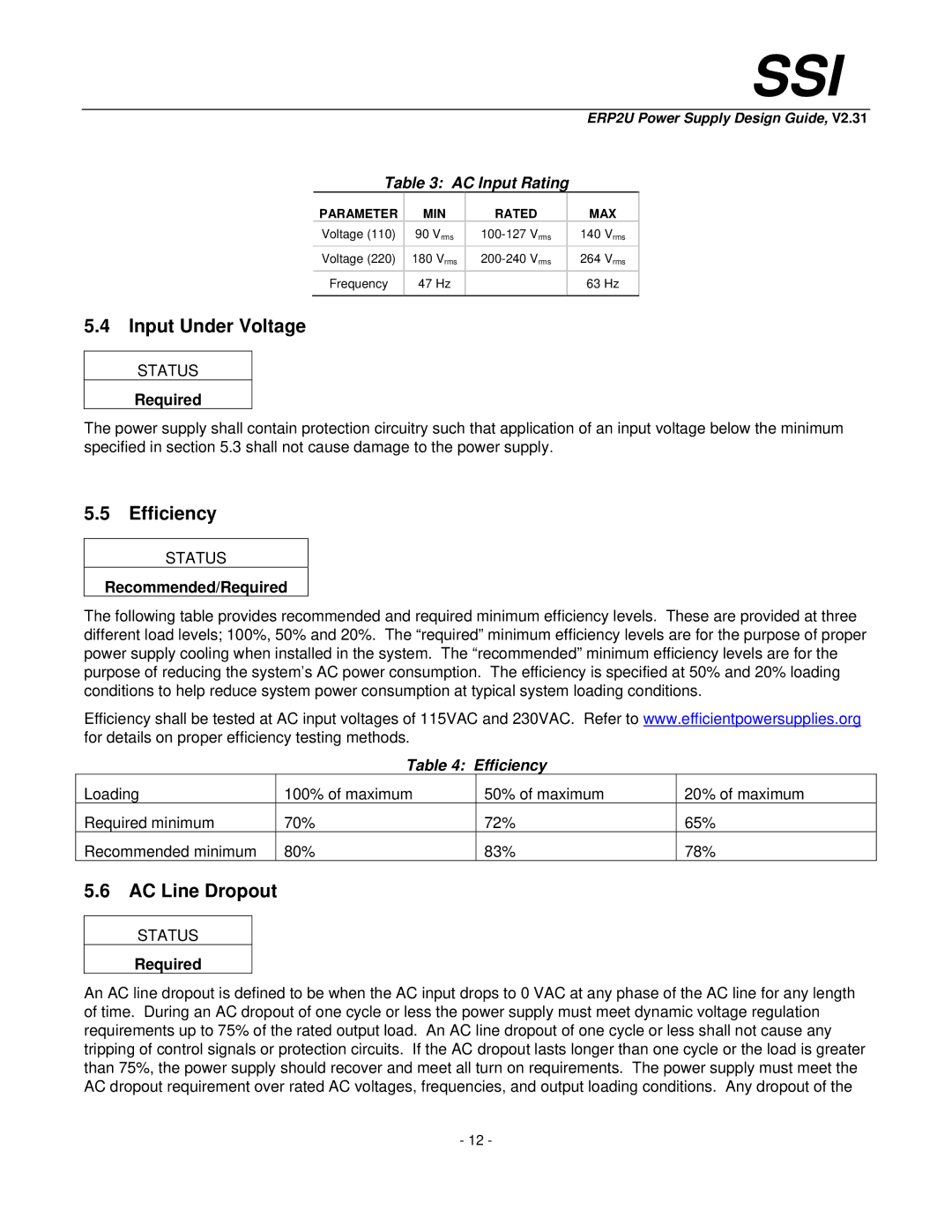 SSI America ERP2U manual Input Under Voltage, Efficiency, AC Line Dropout, AC Input Rating 