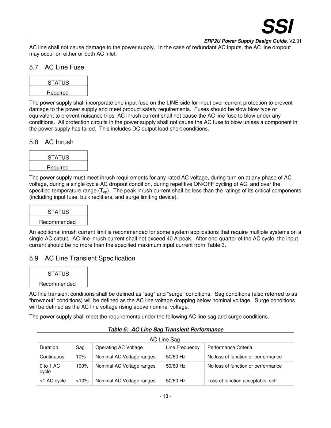 SSI America ERP2U manual AC Line Fuse, AC Inrush, AC Line Transient Specification, AC Line Sag Transient Performance 