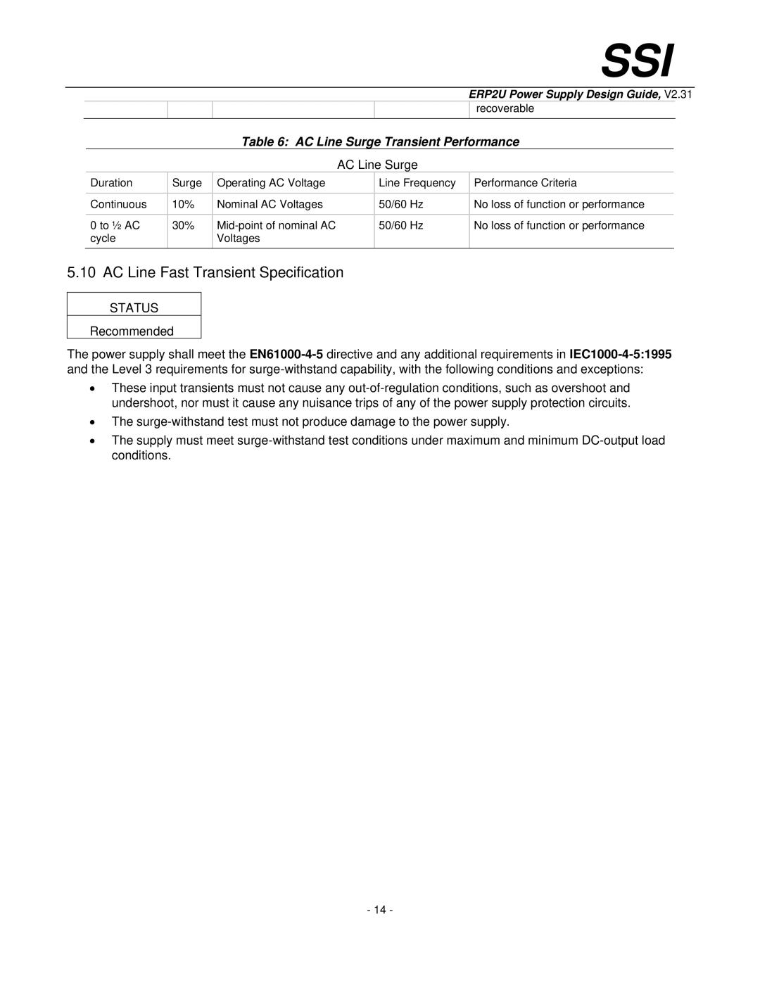 SSI America ERP2U manual AC Line Fast Transient Specification, AC Line Surge Transient Performance 