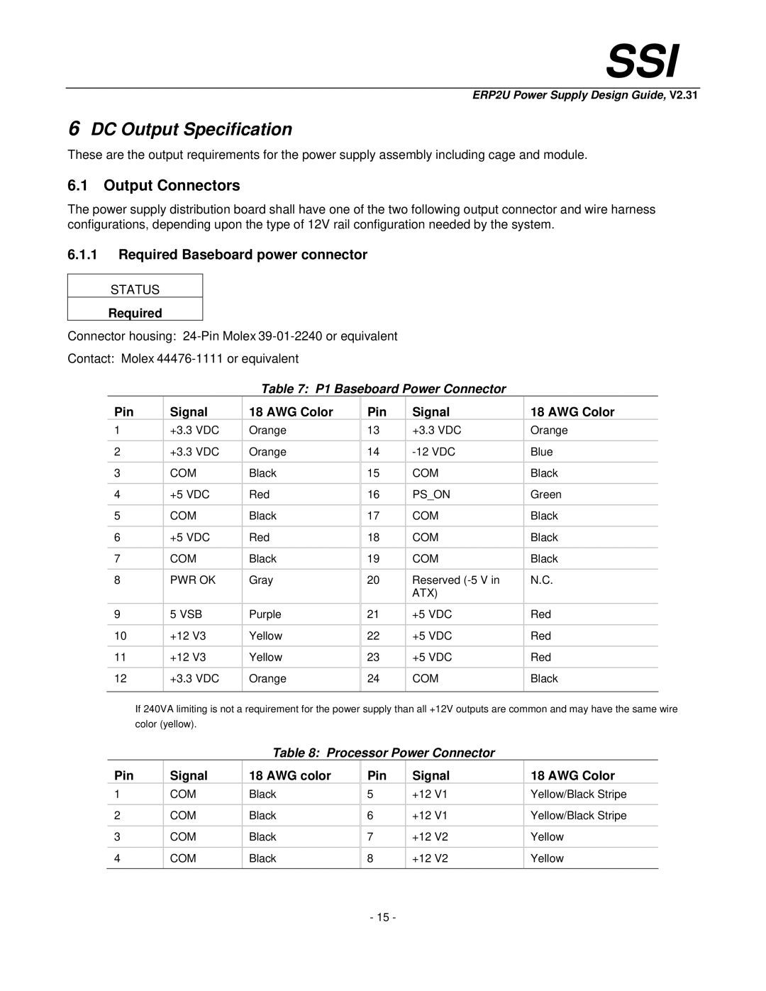 SSI America ERP2U manual DC Output Specification, Output Connectors, Required Baseboard power connector 