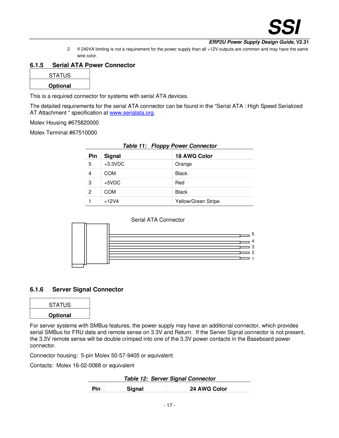 SSI America ERP2U manual Serial ATA Power Connector, Server Signal Connector, Optional, Floppy Power Connector 