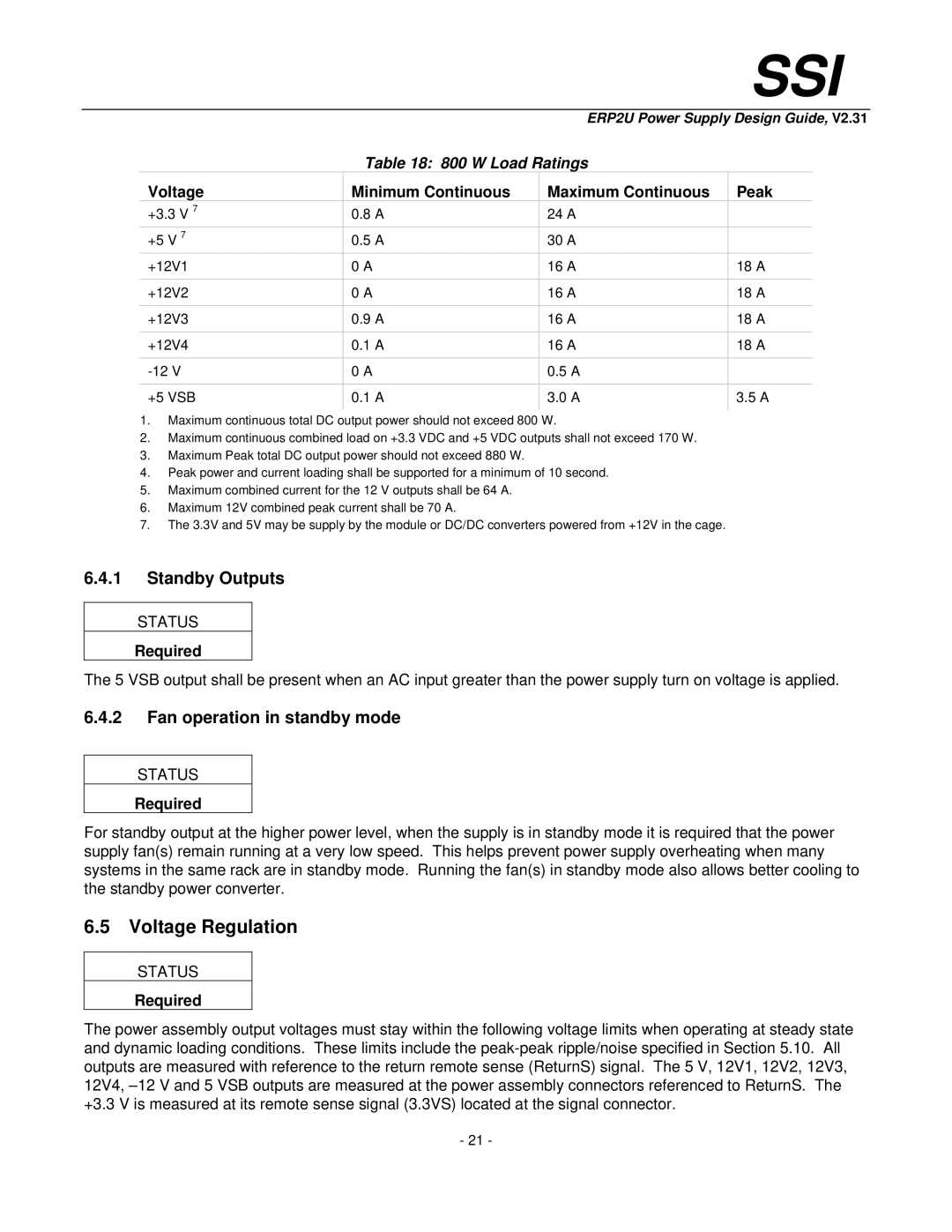 SSI America ERP2U manual Voltage Regulation, Standby Outputs, Fan operation in standby mode, W Load Ratings 