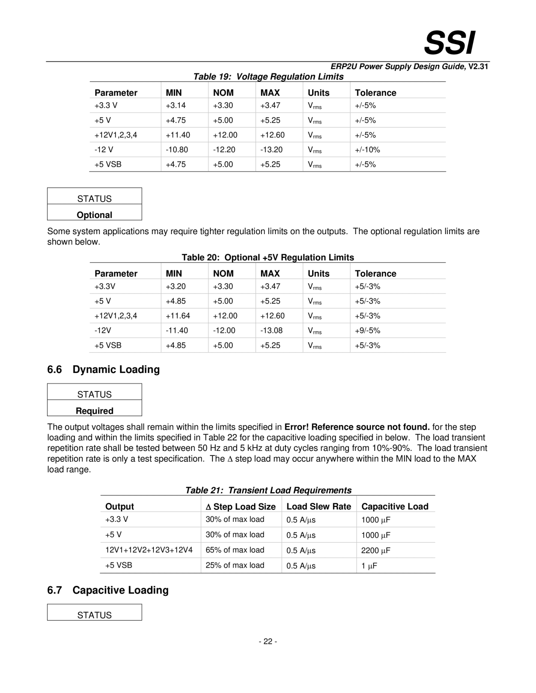 SSI America ERP2U manual Dynamic Loading, Capacitive Loading, Voltage Regulation Limits, Transient Load Requirements 