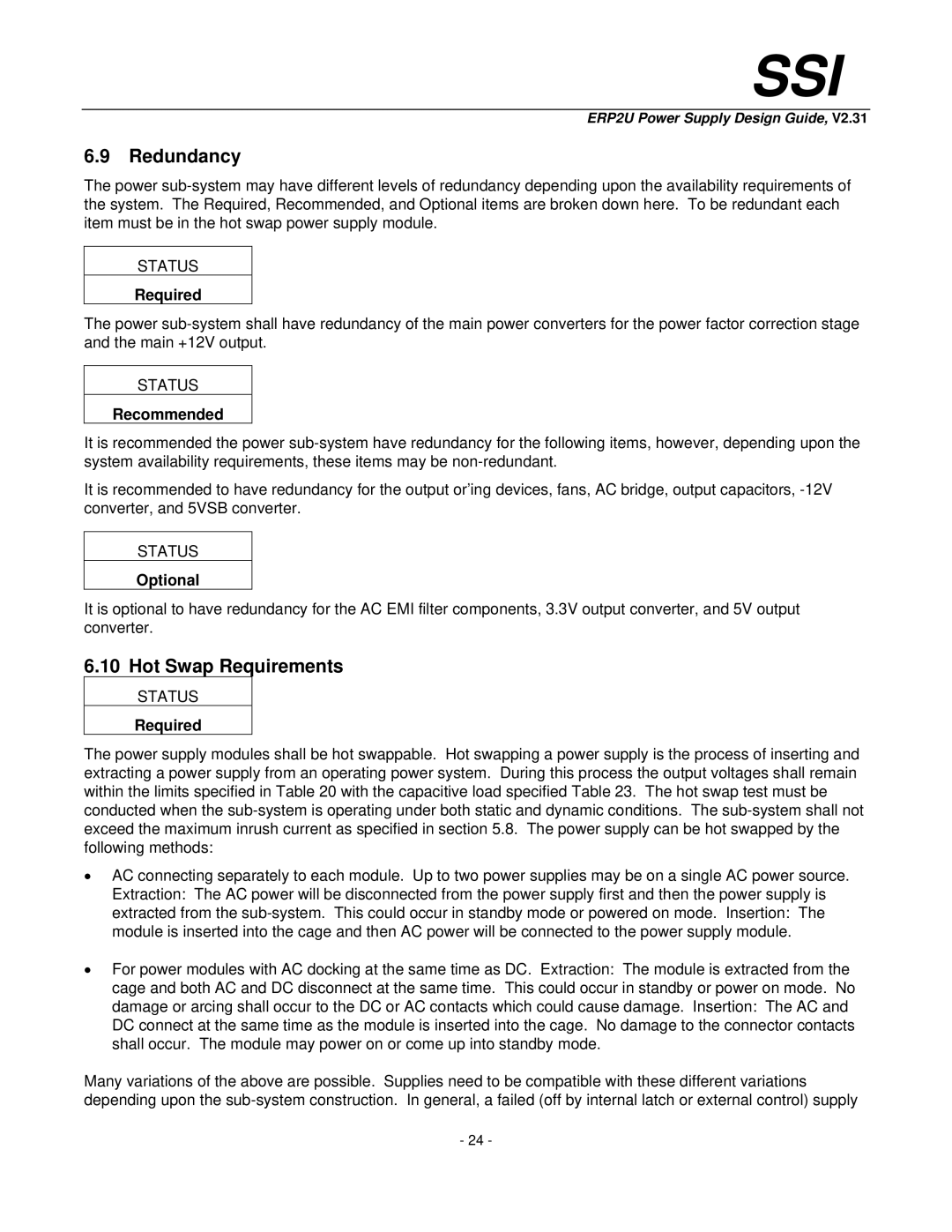 SSI America ERP2U manual Redundancy, Hot Swap Requirements 