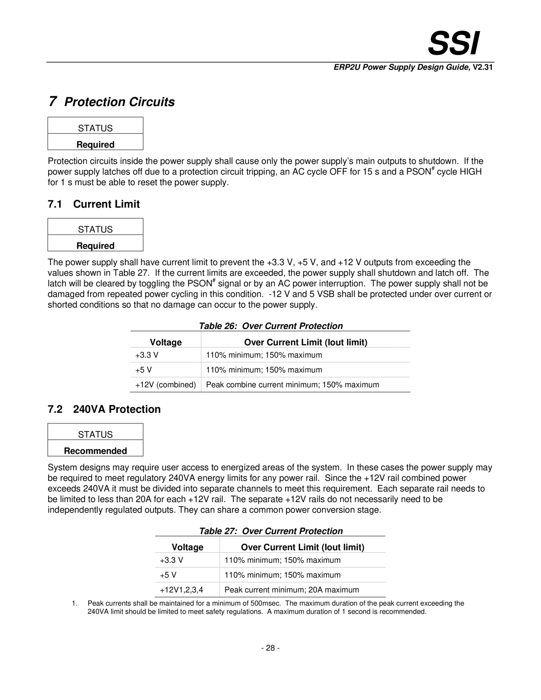 SSI America ERP2U manual Protection Circuits, Current Limit, 240VA Protection, Over Current Protection 