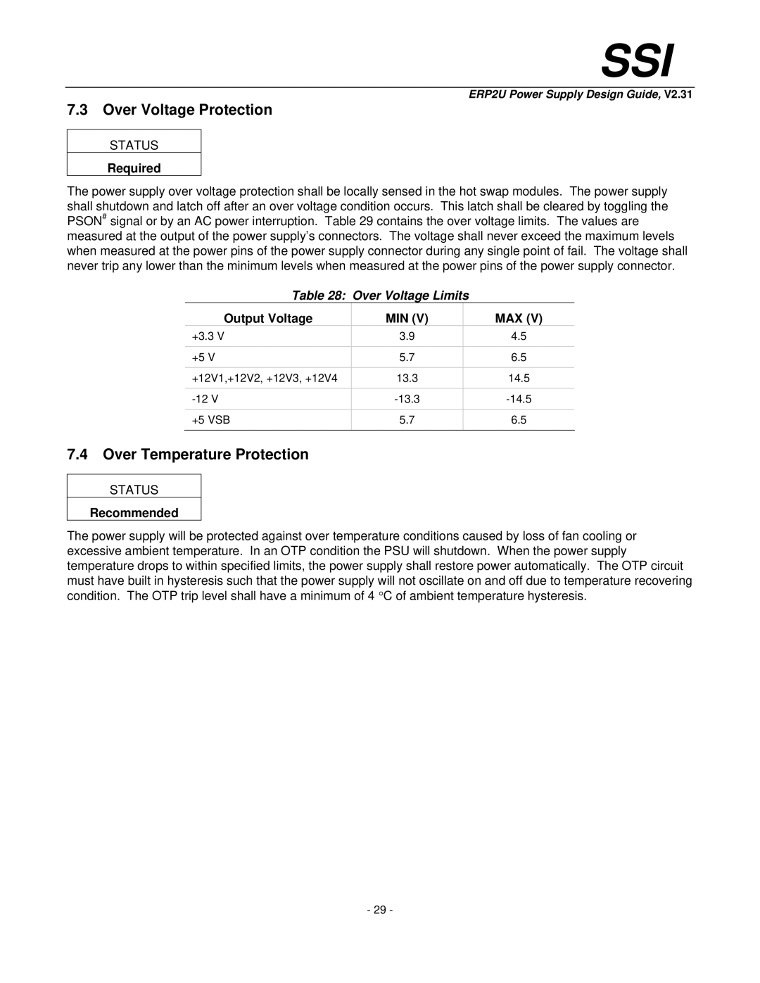 SSI America ERP2U manual Over Voltage Protection, Over Temperature Protection, Over Voltage Limits, Output Voltage 