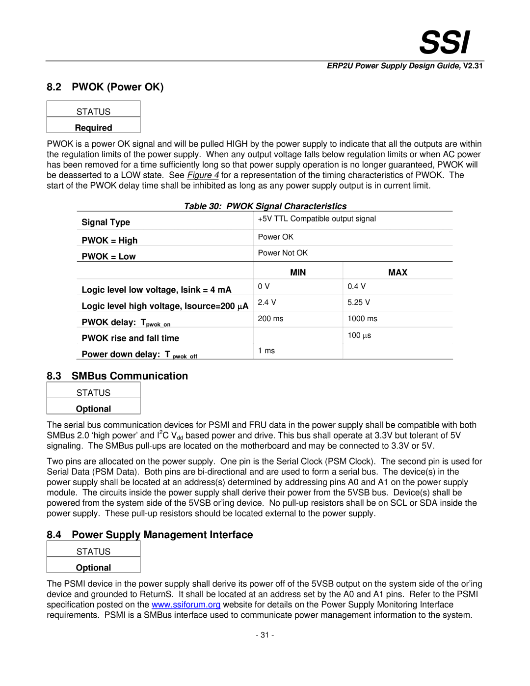 SSI America ERP2U manual Pwok Power OK, SMBus Communication, Power Supply Management Interface, Pwok Signal Characteristics 