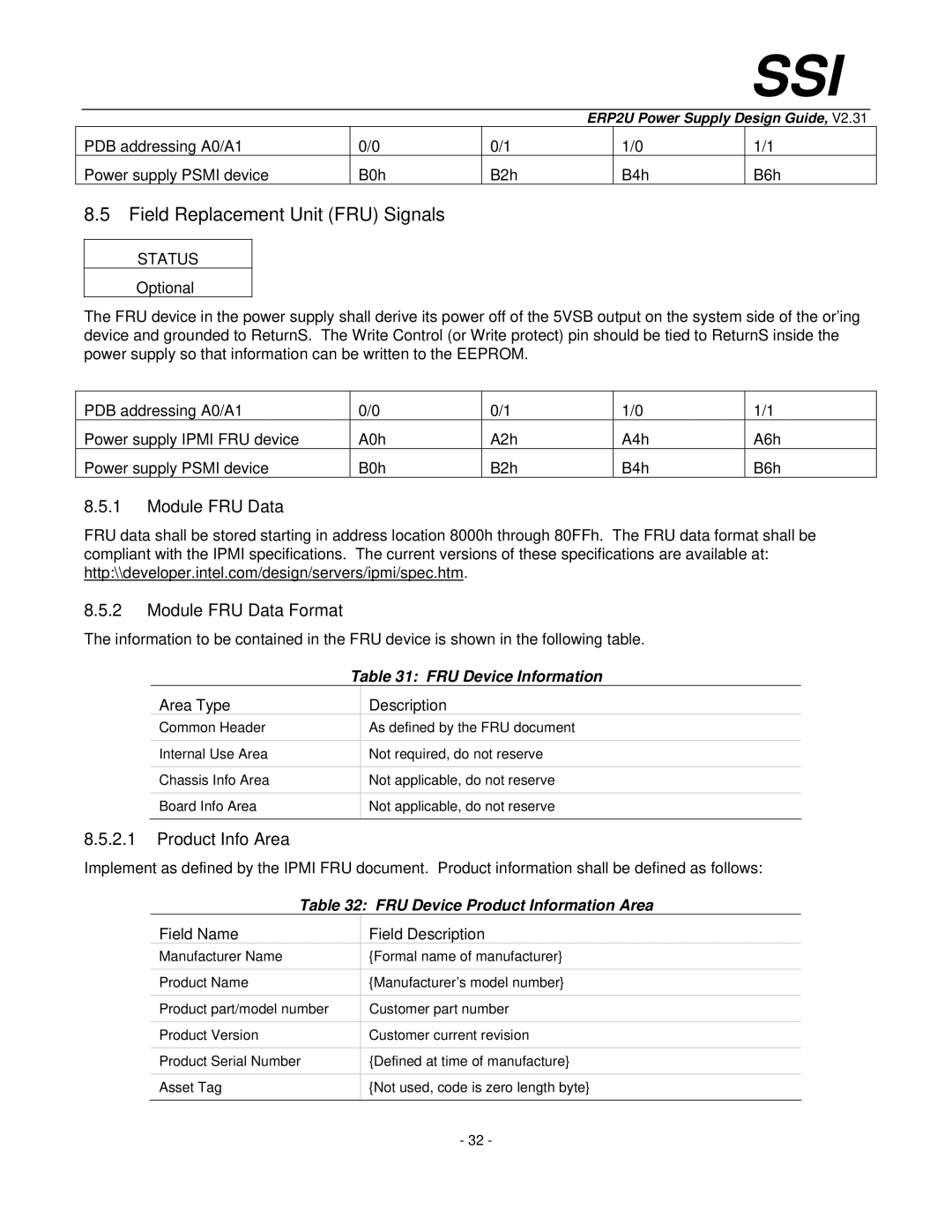 SSI America ERP2U manual Field Replacement Unit FRU Signals, Module FRU Data Module FRU Data Format, Product Info Area 