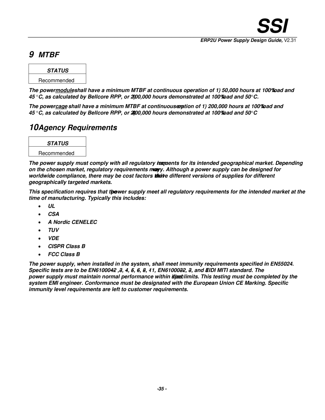 SSI America ERP2U manual Mtbf, 10Agency Requirements 