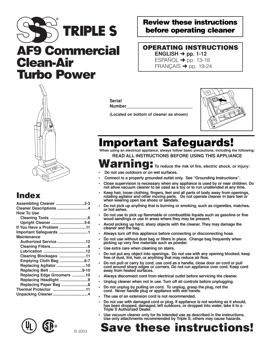 SSS AF9 manual Index, Review these instructions before operating cleaner, English pp, Serial 