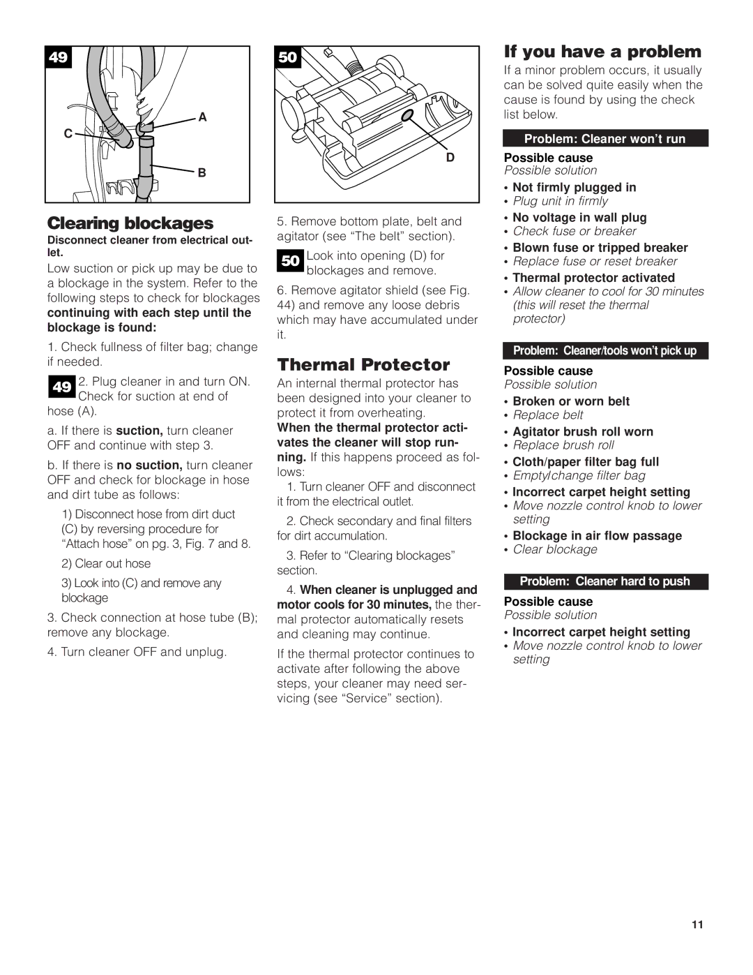 SSS AF9 manual Clearing blockages, Thermal Protector, If you have a problem 