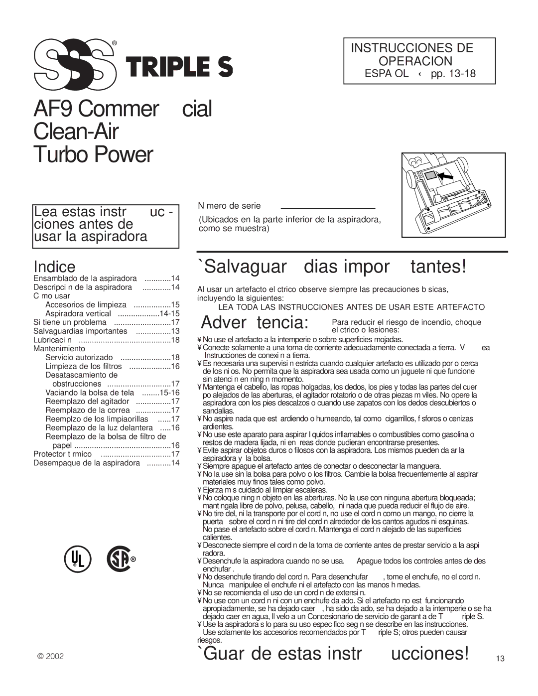 SSS AF9 manual Indice, Lea estas instruc- ciones antes de usar la aspiradora, Español pp 