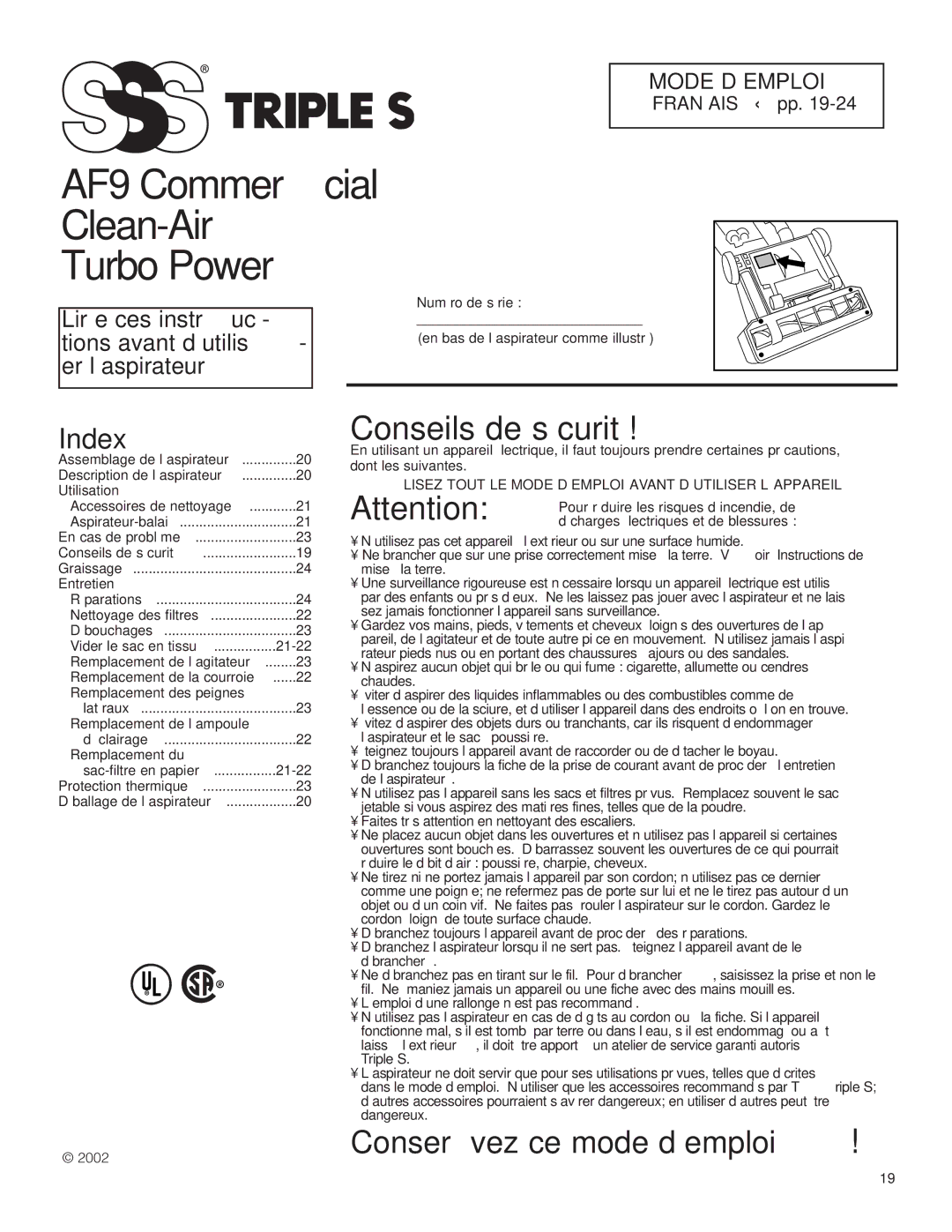 SSS AF9 manual Français pp 