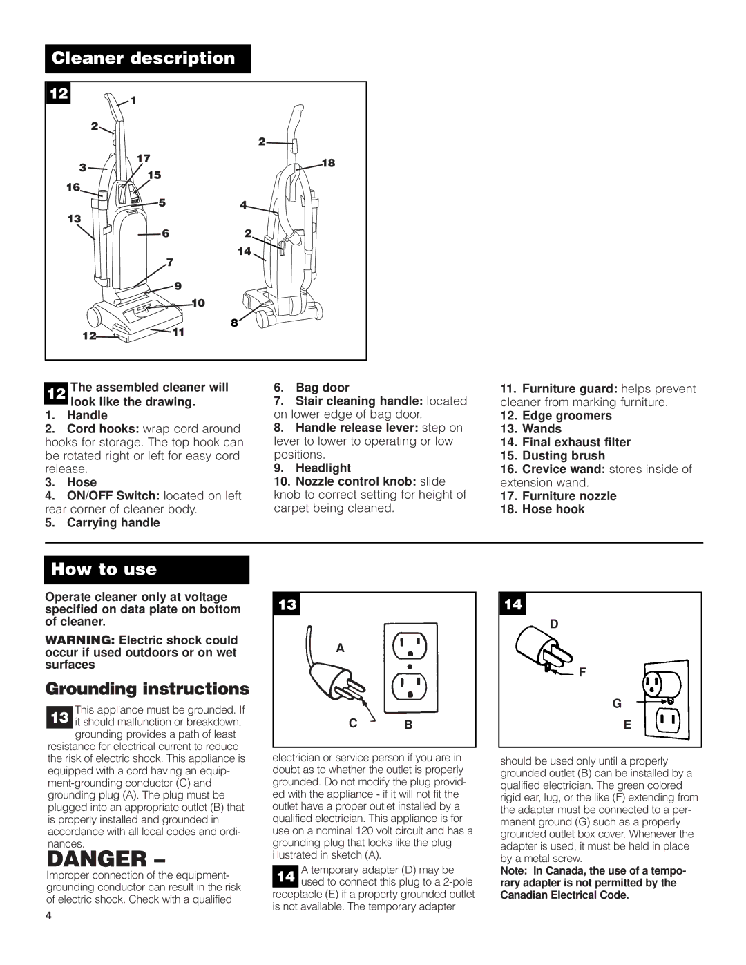 SSS AF9 manual Grounding instructions, Assembled cleaner will look like the drawing Handle, Furniture nozzle Hose hook 