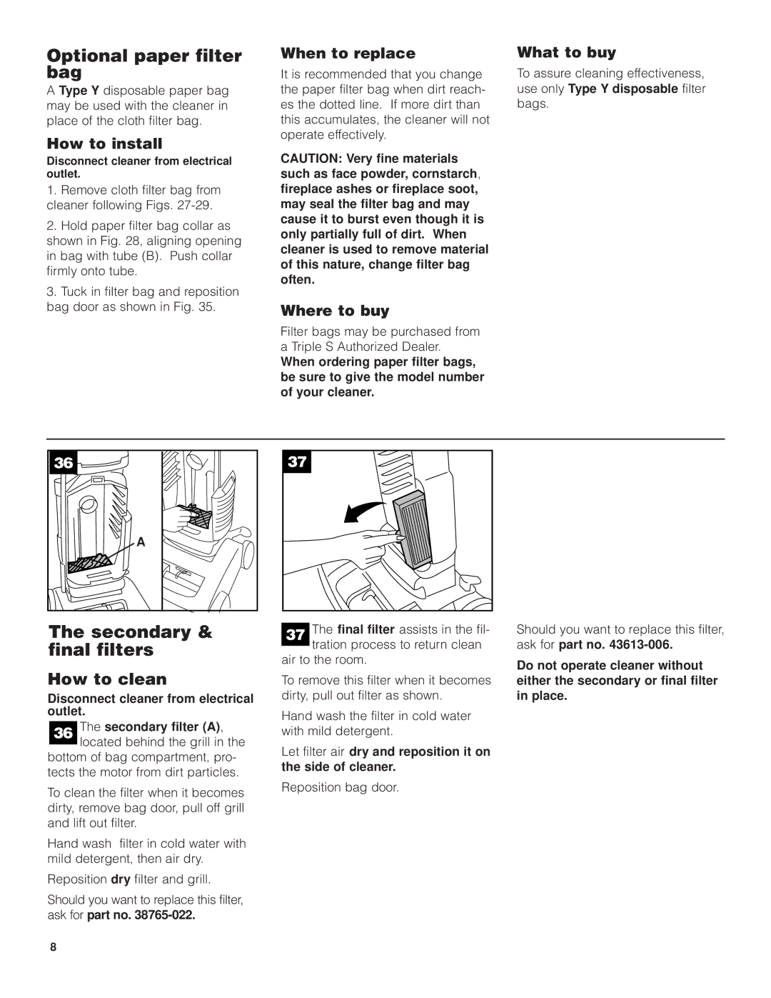 SSS AF9 manual Optional paper filter bag, Secondary & final filters, How to clean 