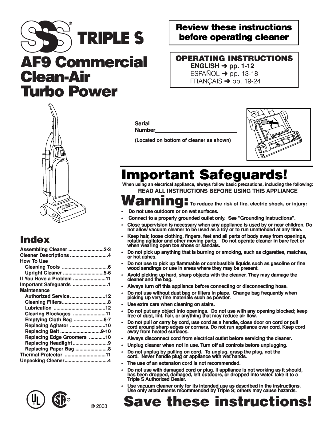 SSS manual Save these instructions, Index, Operating Instructions, ENGLISH pp, AF9 Commercial Clean-Air Turbo Power 