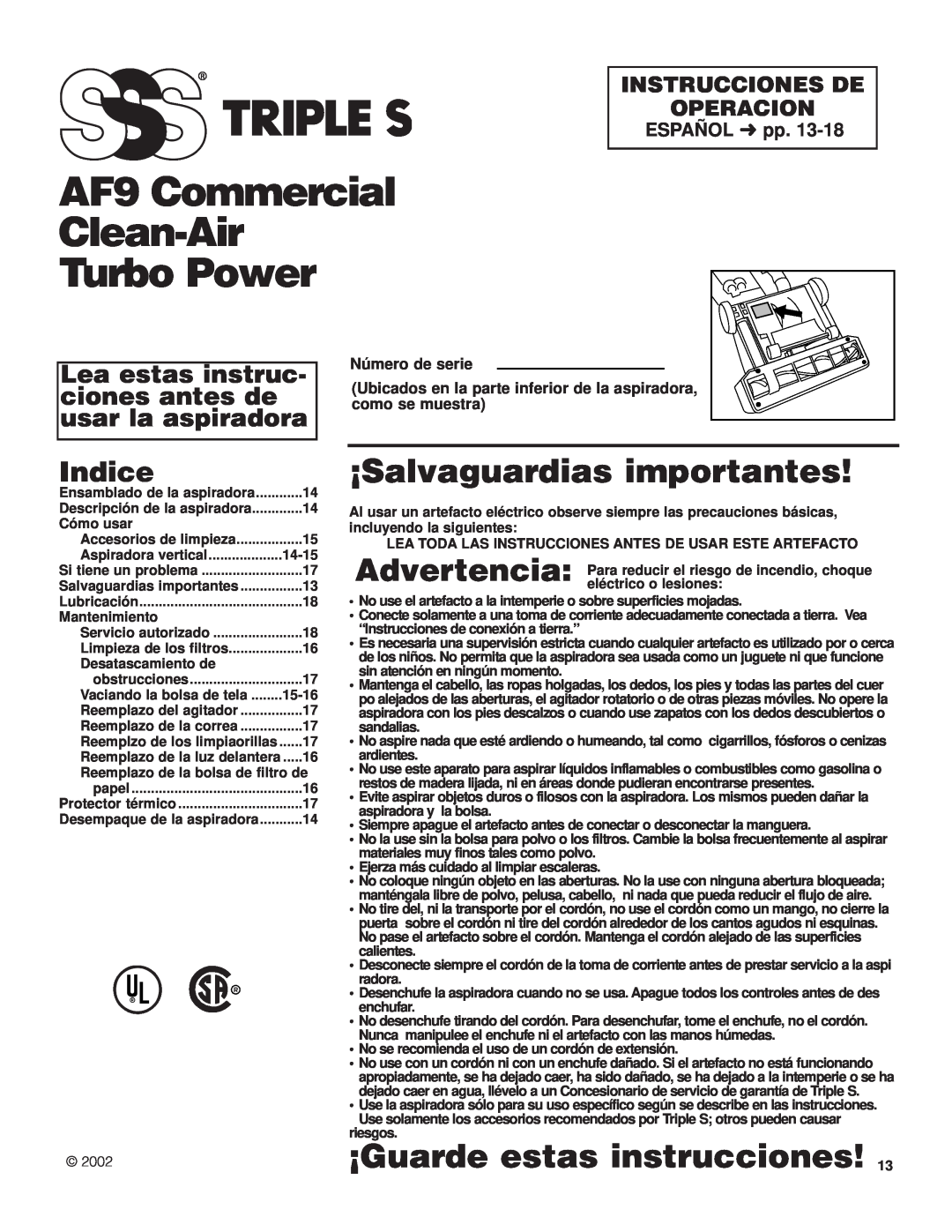 SSS AF9 Commercial Clean-Air Turbo Power, ¡Salvaguardias importantes, ¡Guarde estas instrucciones, Indice, ESPAÑOL pp 