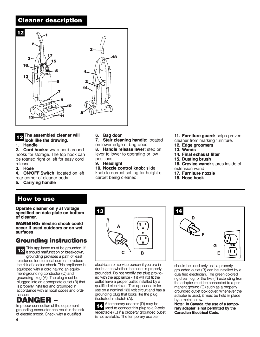 SSS AF9 manual Danger, Cleaner description, How to use, Grounding instructions 