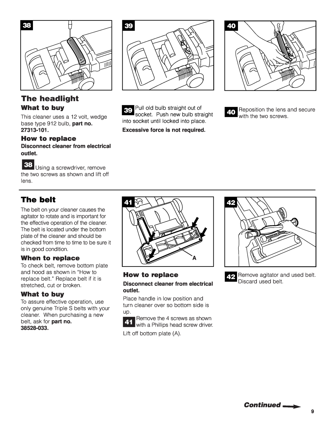 SSS AF9 manual The headlight, The belt, How to replace, Continued, What to buy, When to replace 