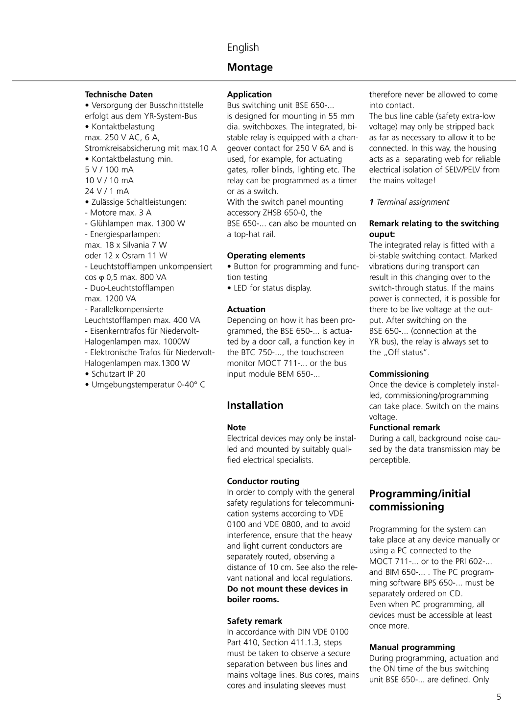 SSS BSE 650-0 manual Technische Daten, Application, Operating elements, Actuation, Conductor routing, Commissioning 