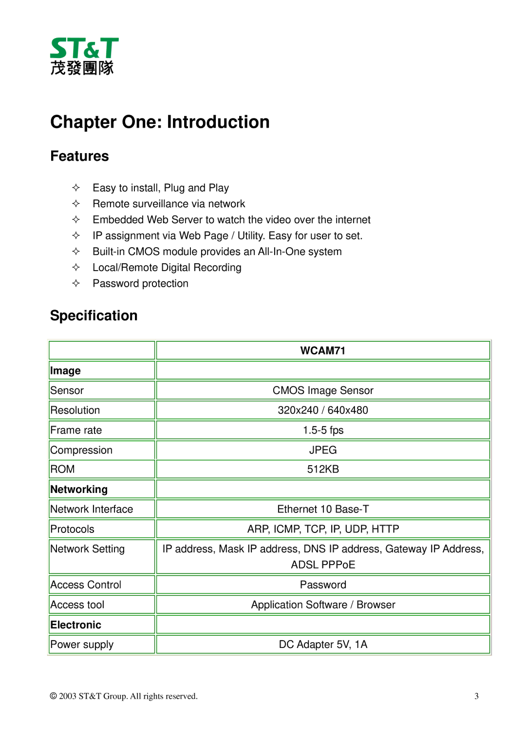 ST & T WCAM71 manual Chapter One Introduction, Features, Specification 